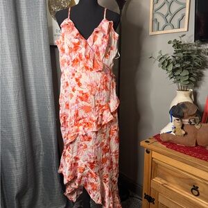 Elegant Asymmetrical Floral Dress in Red and Pink